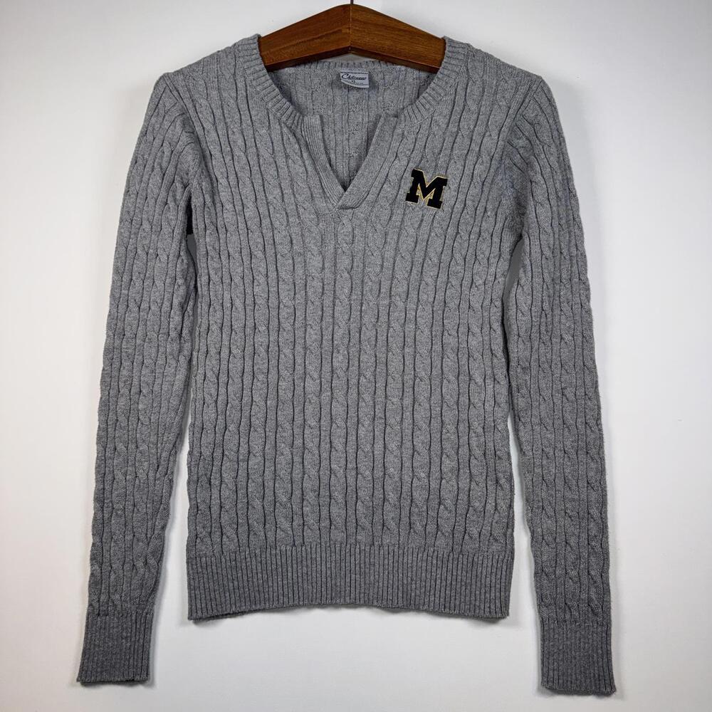 Gray Cable-Knit V-Neck Sweater with 'M' Patch